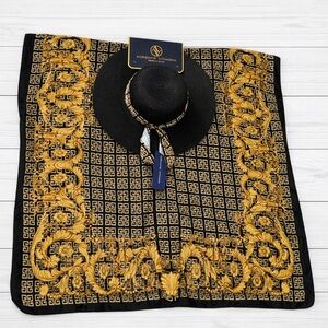 Adrienne Vittadini Black & Gold Kimono Cover-Up + Wide Brim Hat Set NWT